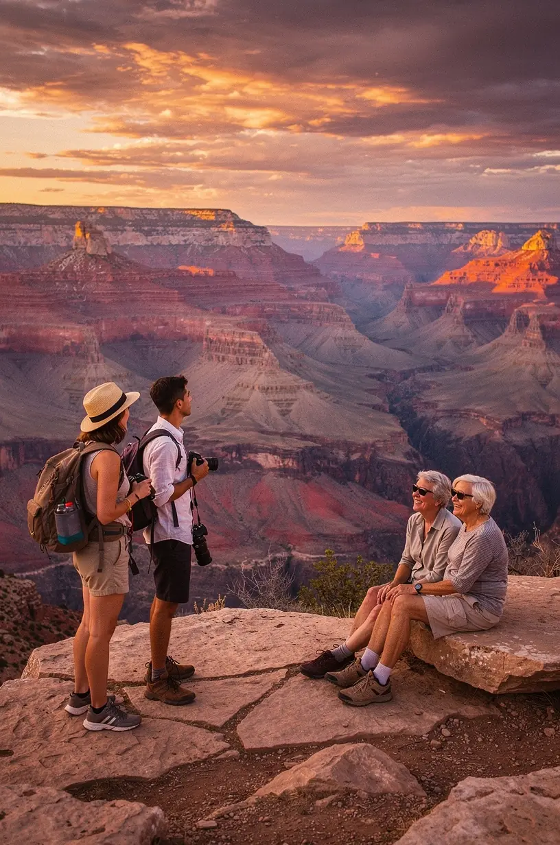 Tourists hiking along a marked trail in a national park featuring towering sandstone cliffs.